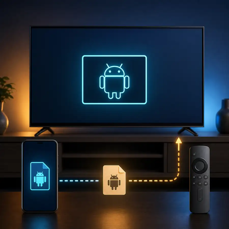 رسم توضيحي لنقل APK من الهاتف إلى Android TV باستخدام جهاز تحكم