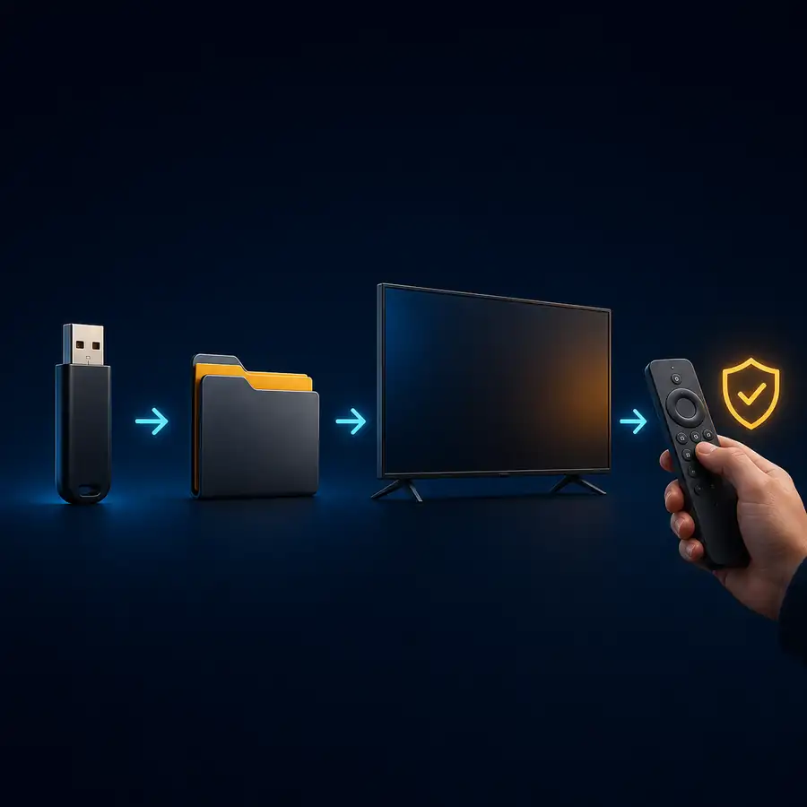 رسم توضيحي لنقل USB ومدير الملفات وفحص إذن جهاز Android TV