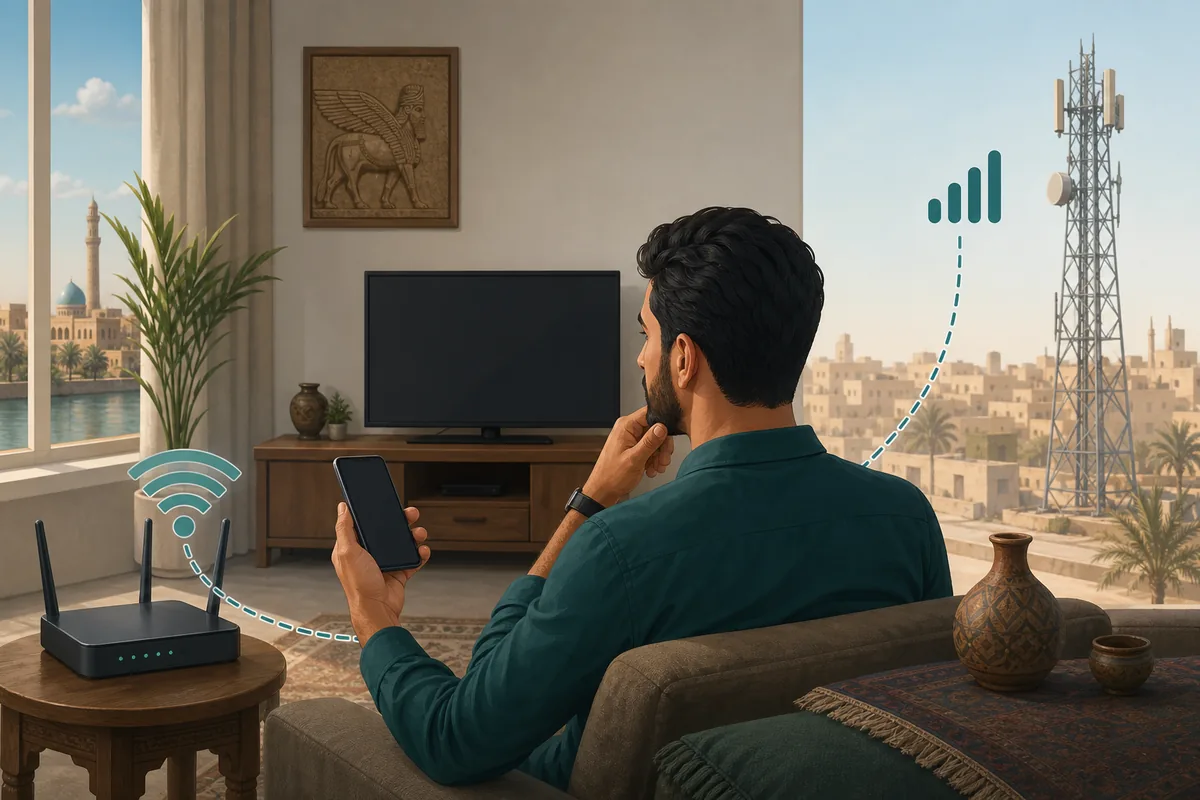 Redaktionelle Illustration eines Nutzers beim Vergleich von WLAN und Mobilfunk für Cinemana