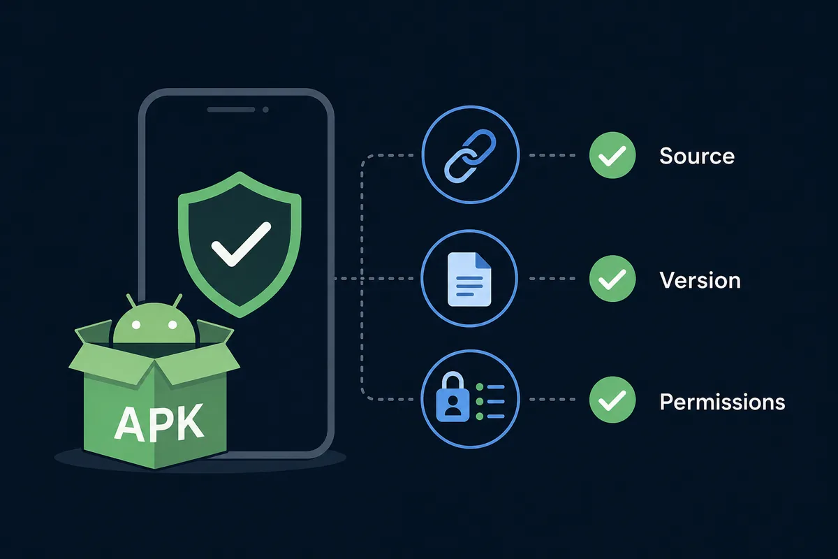 APK safety illustration for checking source, version, and permissions before installing