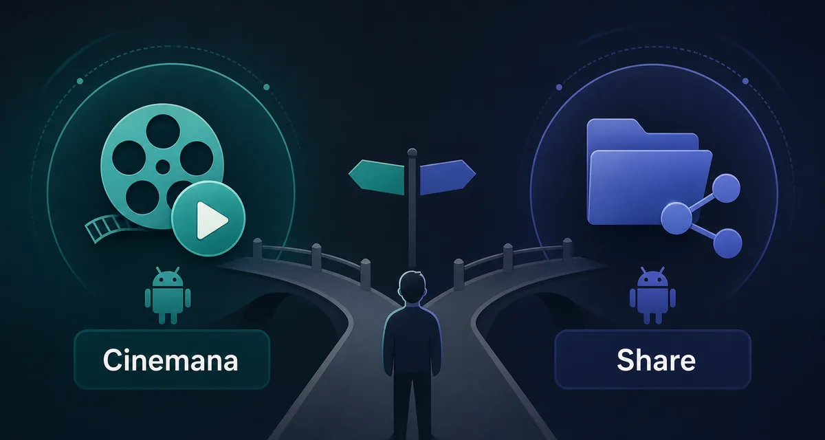 رسم توضيحي يقارن بين Cinemana للترفيه وShabakaty Share للوصول إلى الملفات