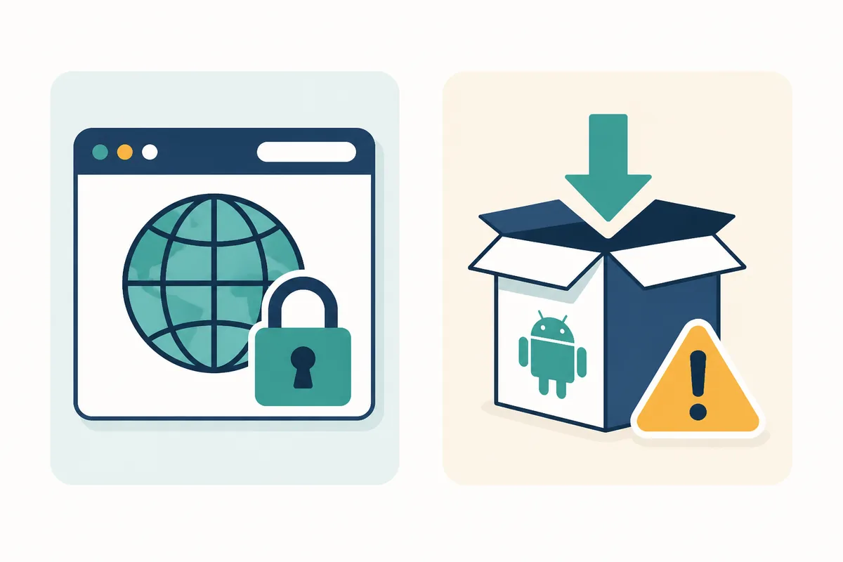 Comparação conceitual entre o site da Cinemana, uma página APK e o navegador