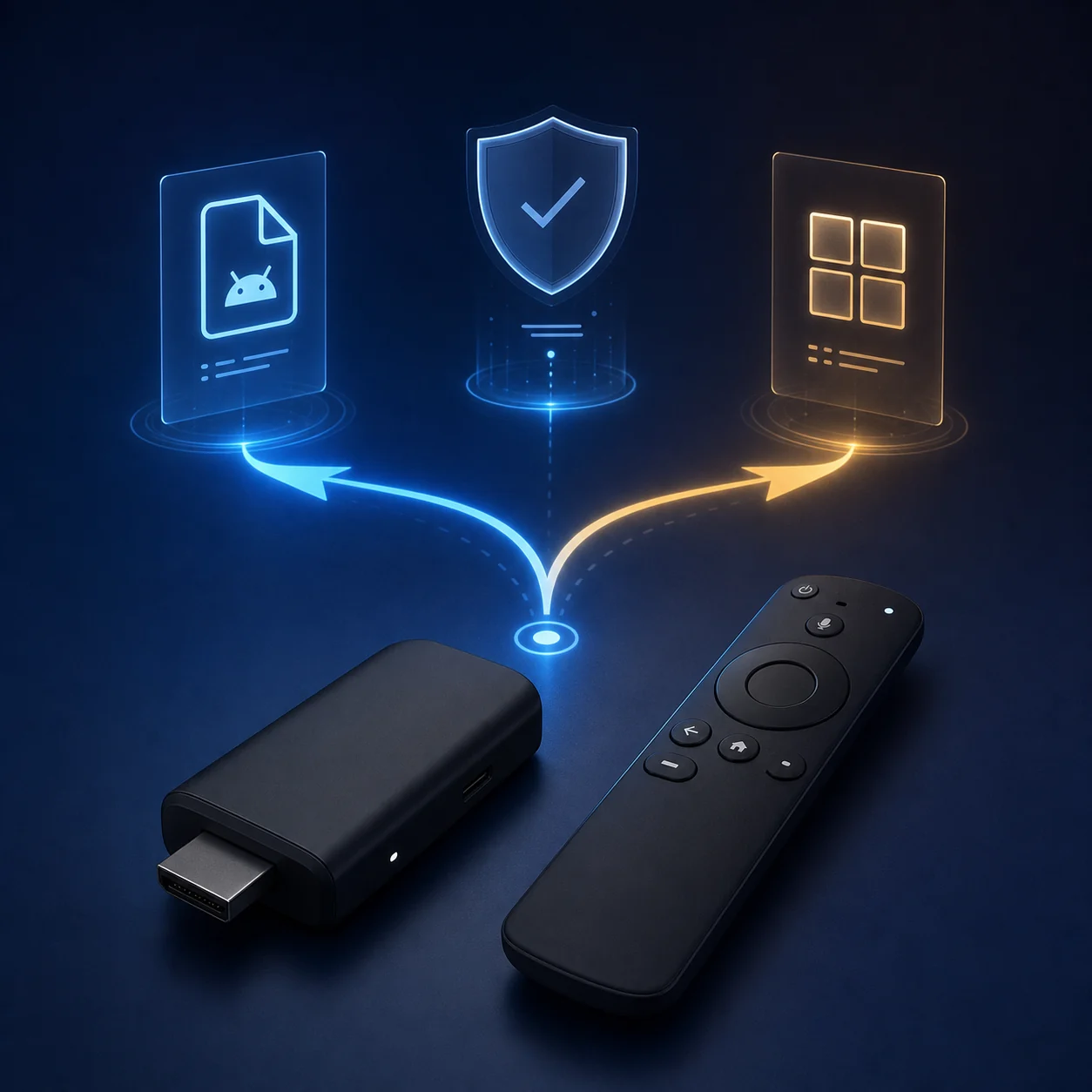 Illustration conceptuelle du contrôle de la plateforme Fire TV Stick avant une installation APK