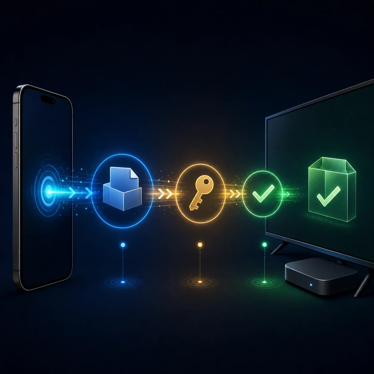 Illustration conceptuelle du transfert d'un APK du téléphone vers la télévision avec permission temporaire