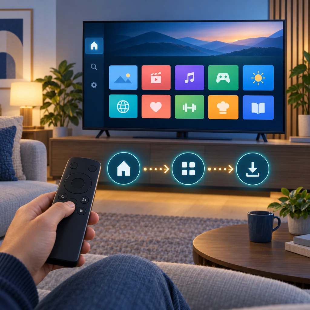رسم توضيحي لمسار Home ثم Apps ثم تثبيت تطبيق على Samsung Smart TV