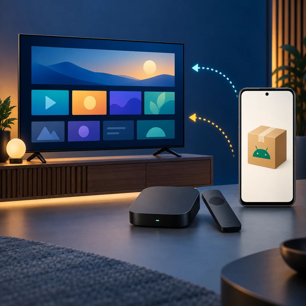 رسم توضيحي يفرق بين تلفزيون Samsung بنظام Tizen وملف APK وجهاز Android TV خارجي