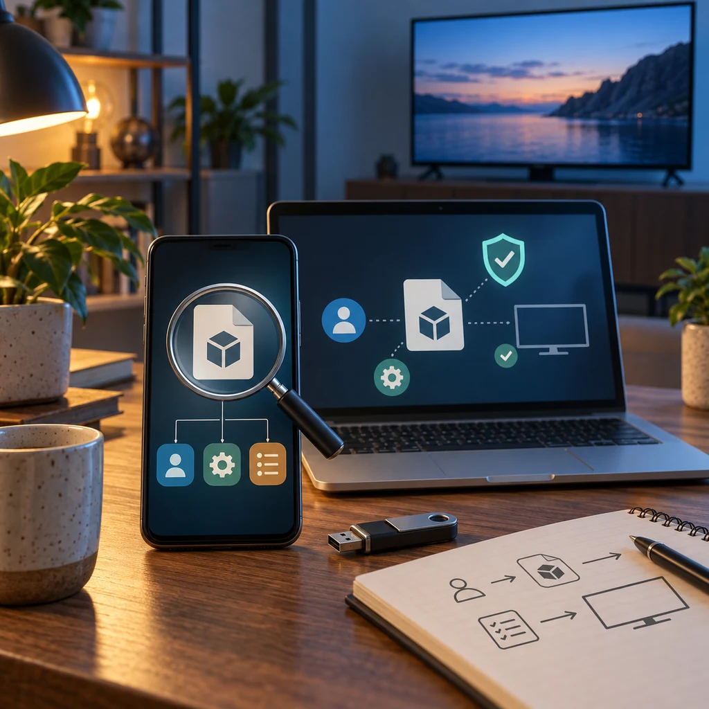 رسم توضيحي لفحص مصدر APK واسم الحزمة والتوافق قبل نقله إلى التلفزيون