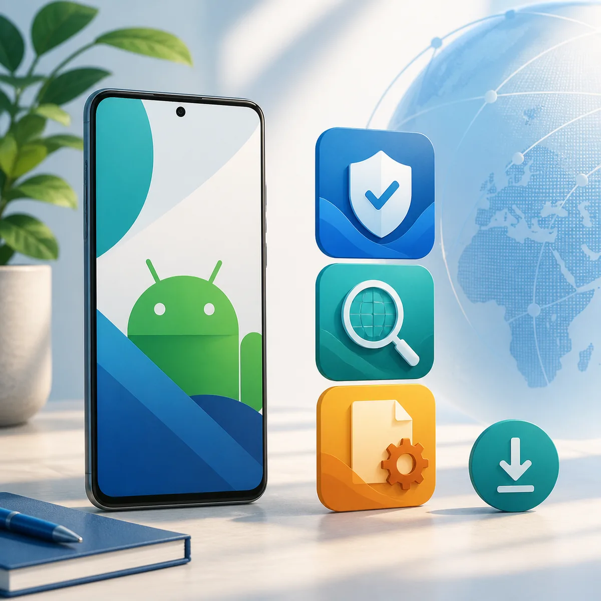 رسم توضيحي لهاتف Android وفحوصات أمان تنزيل التطبيقات