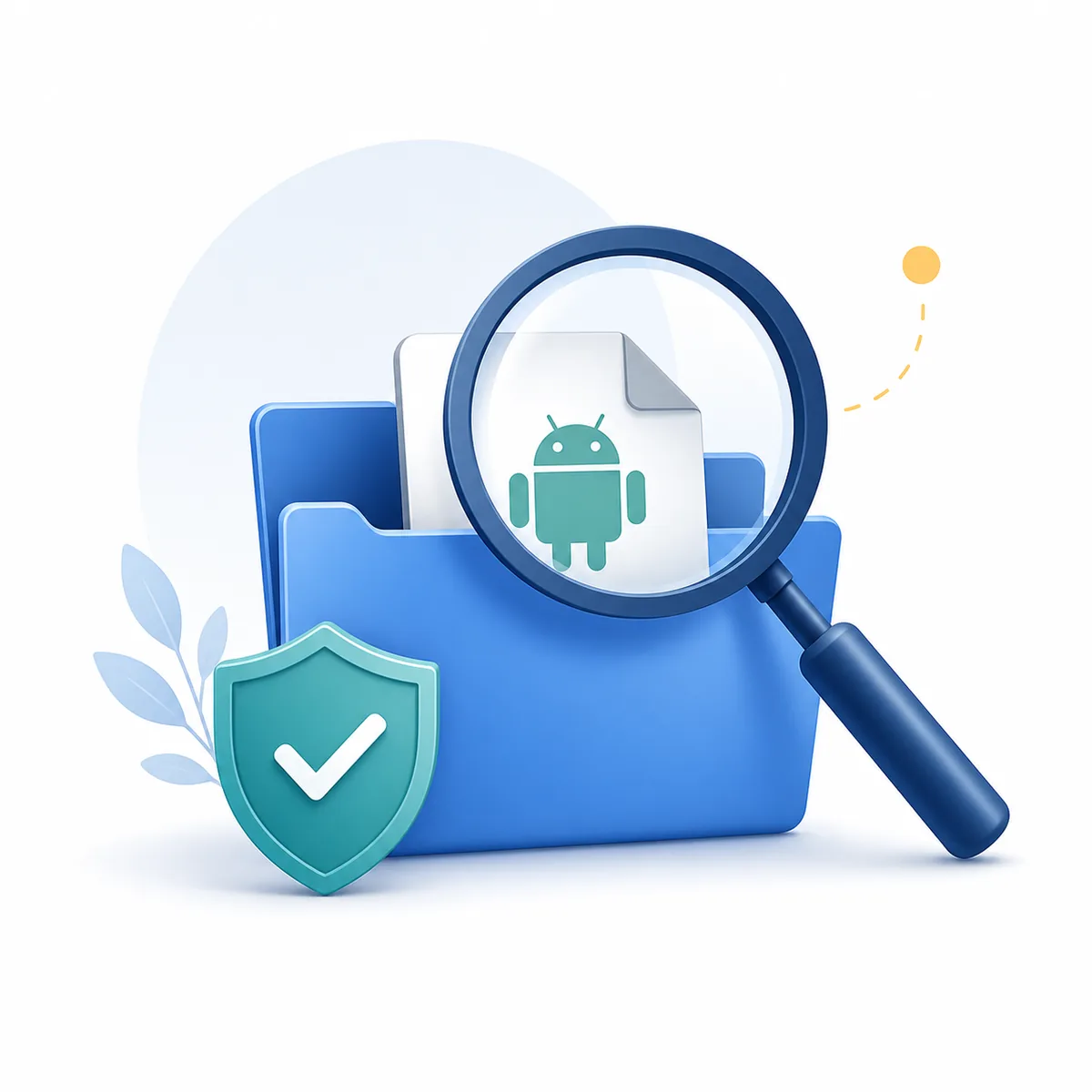 رسم توضيحي لعدسة تفحص ملف Android ودرع حماية